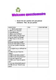 English worksheet: welcome questionnaire 