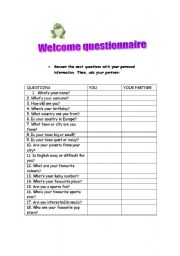 English Worksheet: welcome questionnaire 