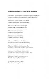 English worksheet: Top 10 common incorrect sentences