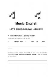 English Worksheet: Music English Project - music lyric making