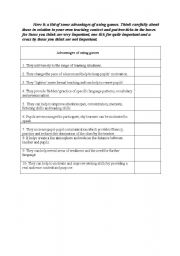 English Worksheet: Advantages of Using Games