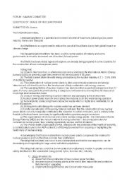 English worksheet: MUN Resolution on the usage of nuclear energy