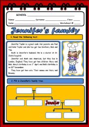 English Worksheet: JENNIFERS FAMILY ( 2 PAGES)