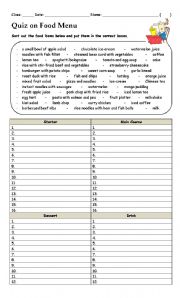 English Worksheet: Food Menu