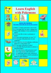 English worksheet: Learn English with Pokemons!  Answer the Questions.