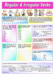 English Worksheet: REGULAR & IRREGULAR VERBS - (( explanations & over 50 sentences for students to complete )) - Elementary/intermediate - (( B&W VERSION INCLUDED ))