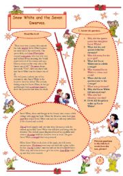 English Worksheet: Snow White and the Seven Dwarves - adapted for easy reading + 2 different types of  exercises.