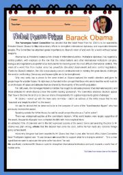 English Worksheet: Nobel Peace Prize: Barack Obama