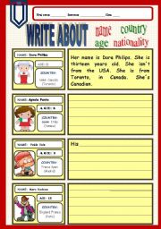 English Worksheet: Write about name,age, country and nationality