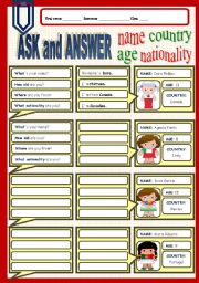 English Worksheet: Ask and answer about name, age, country and nationality