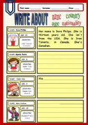 English Worksheet: Write about name, age, country and nationality