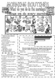 English Worksheet: Morning Routines (Present Simple) B&W version