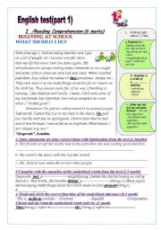 English Worksheet: English Test: ( part1)(9th form end of 1st term test): Reading Comprehension/Writing: Bullying at school