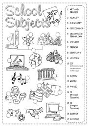 English Worksheet: School Subjects Pictionary