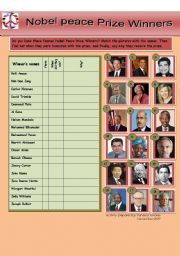 English Worksheet: Webquest about the Nobel Peace Prize Winners