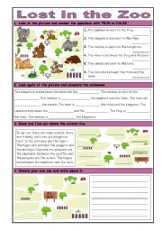 English Worksheet: Lost in the Zoo: Basic Prepositions