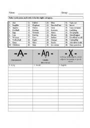 English worksheet: Choose between A-An or nothing
