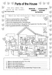 English Worksheet: Where are the butterflies? Parts of the House