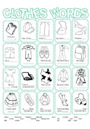English Worksheet: Clothes Picture Dictionary B&W