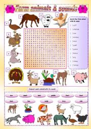 English Worksheet: Farm Animals and sounds (voices) - wordsearch + matching + song (gap-filling, listening and writing) + speaking activity + useful links - 3 pages - KEYS INCLUDED - FULLY EDITABLE