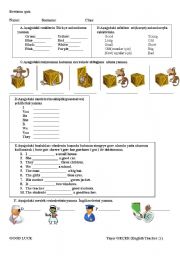 English worksheet: A quiz whic contains  some exercises about colors adjectives prepositons personal pronouns possessives