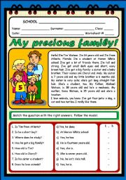 English Worksheet: MY PRECIOUS FAMILY (2 PAGES)