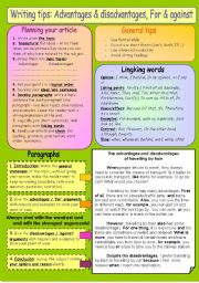 English Worksheet: Writing tips 1: An article expressing advantages & disadvantages, for & against. B&W version included