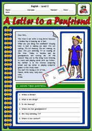 English Worksheet: A LETTER TO A PEN FRIEND - 2 PAGES