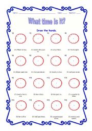 English Worksheet: WHAT TIME IS IT? DRAW THE HANDS #1