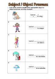 English Worksheet: Look at the pictures and fill in the appropriate object or subject pronouns
