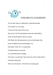 English worksheet: STORY ABOUT A LITTLE MONSTER by Danielle :)