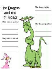 English Worksheet: The Dragon and the Princess Adjectives Sheet