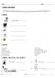 English worksheet: questions verb to be, everyday languaje, numbers, animals, school objects