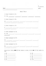 English worksheet: counting forward/backward - even and odd numbers