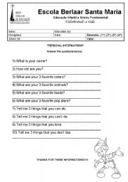 English worksheet: questions about yourself