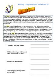 English Worksheet: Human Body - comprehension reading task