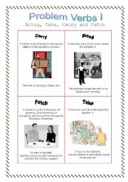Problem Verbs 1 - Bring, take, carry, fetch - theory and practice - 2 pages + key