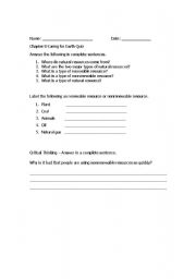 English Worksheet: Natural Resources Quiz / Review Worksheet