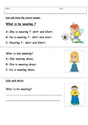 English worksheet: what is she/he wearing 