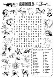 English Worksheet: ANIMALS WORDSEARCH (1)