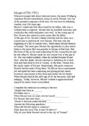 English worksheet: Mozart text for 6th grade
