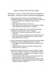 English Worksheet: Tears of a Tiger Essay Questions