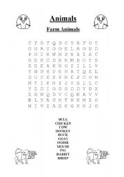 English Worksheet: Farm Animals Word Search