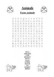 English worksheet: Farm Animals Word Search