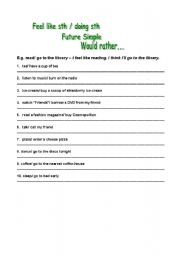 English Worksheet: Feel like... / Future Simple/ Would rather... 