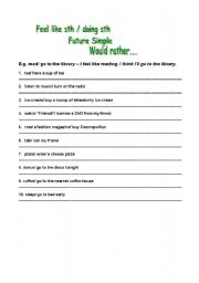 English worksheet: Feel like... / Future Simple/ Would rather... 