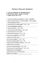English worksheet: Getting to know your Classmates High Beginning ESL