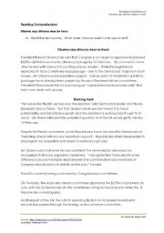 English Worksheet: Reading Comprehension: Obama says stimulus deal on track
