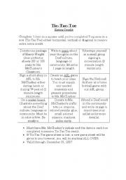 English worksheet: Tic Tac Toe (for extra credit)