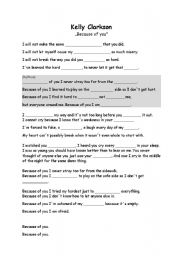 English Worksheet: Song activity: Kelly Clarkson - Because of you